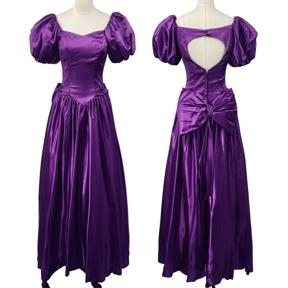 Vintage 80s Satin Gown Puff Sleeve Fit & Flare Bow Back Sweetheart Purple 4 - Picture 1 of 9
